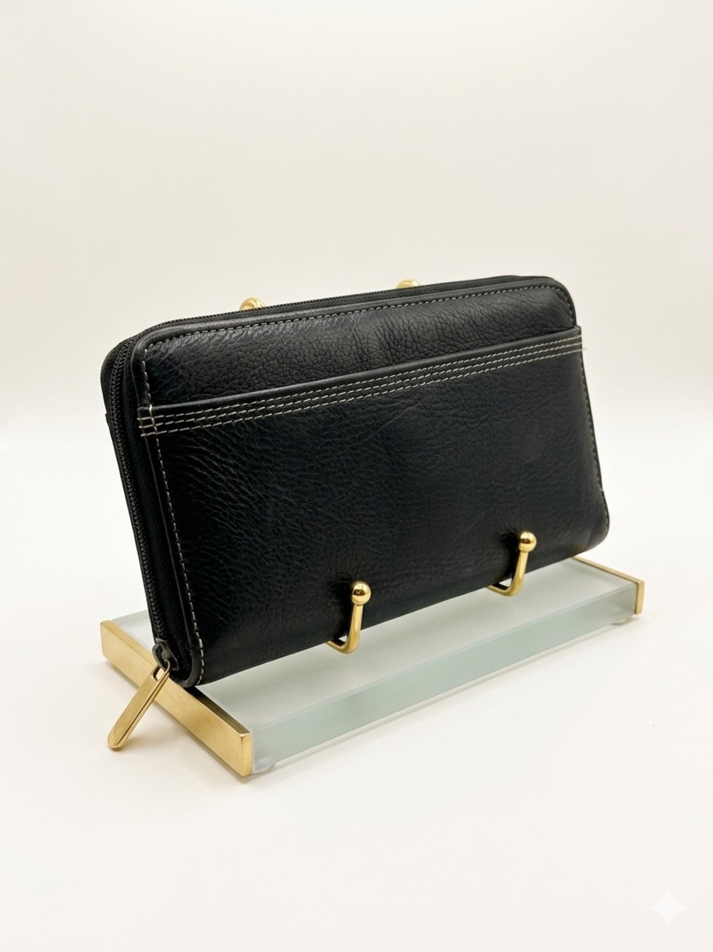 Black Leather Wallet Clutch with Silver Hardware